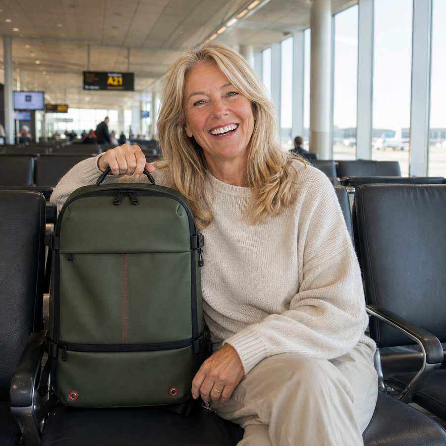 Customer with a green RebelPak in an airport terminal