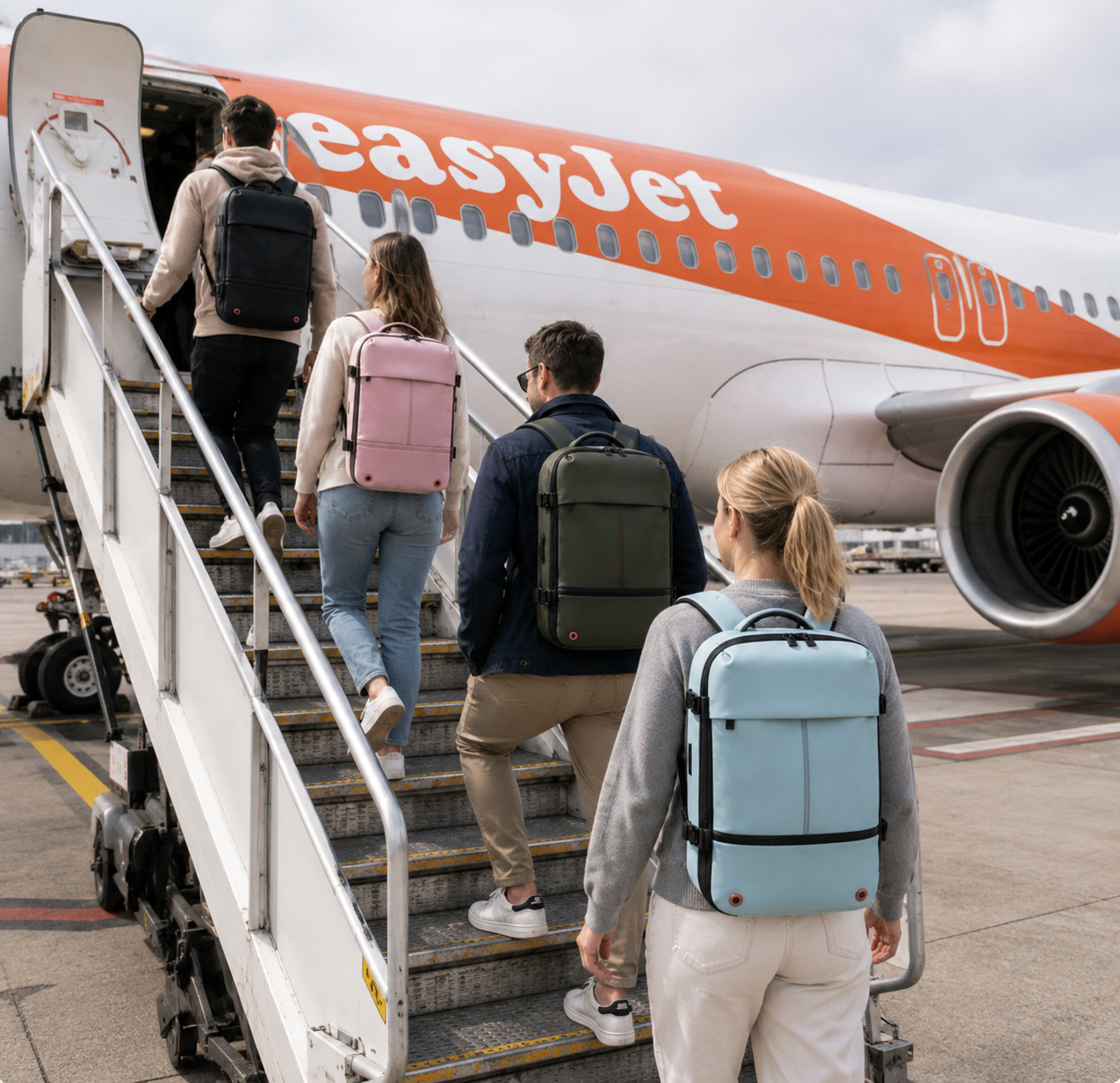 RebelPak travellers boarding a flight with their bags