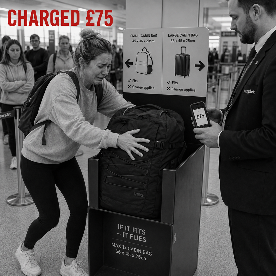 A traveller paying a gate fee at the boarding gate